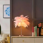 Round Base Table Lamp with Metal Stem and Feather Shade