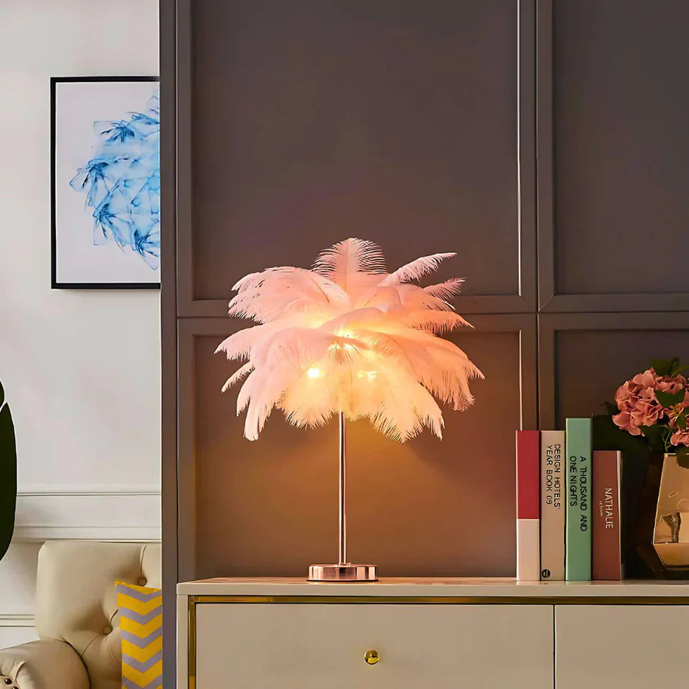 Round Base Table Lamp with Metal Stem and Feather Shade