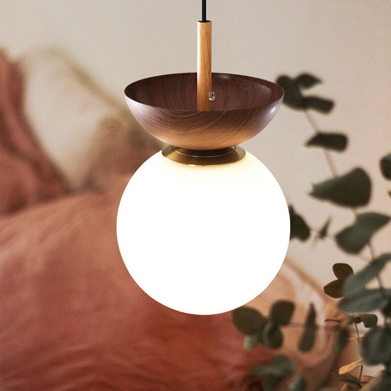 Ceiling Light Fixture with Wooden Accent and Metal Base – Single Globe