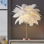 Round Base Table Lamp with Metal Stem and Feather Shade