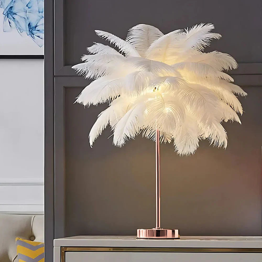 Round Base Table Lamp with Metal Stem and Feather Shade