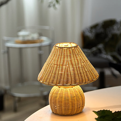 Boho Accent Lamp with USB Power - Woven Bamboo Desk Light