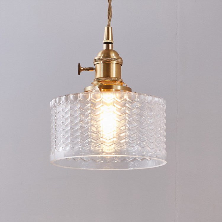 Round Ceiling Pendant Light with Textured Glass and Brass Finish