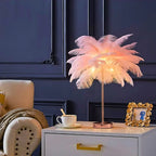Round Base Table Lamp with Metal Stem and Feather Shade