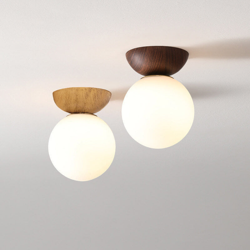 Ceiling Light Fixture with Wooden Accent and Metal Base – Single Globe