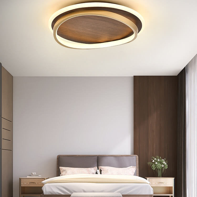 Round Modern Ceiling Light – Walnut Finish with Gold Accents