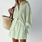 2-Piece Summer Set Blouse & Shorts Breathable Lantern Sleeve