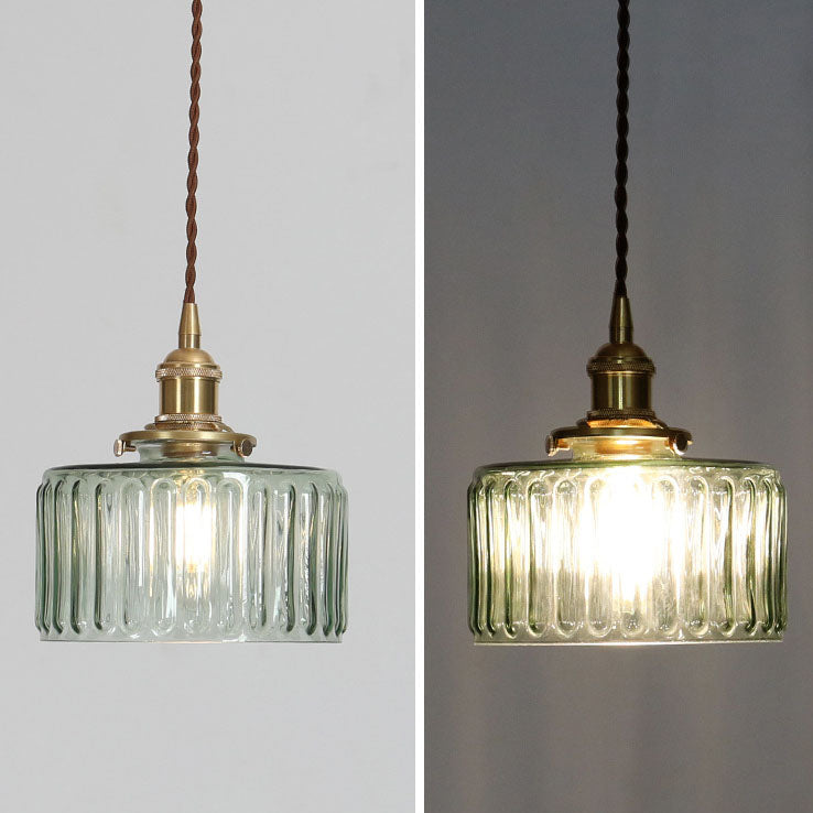 Round Ceiling Pendant Light with Textured Glass and Brass Finish