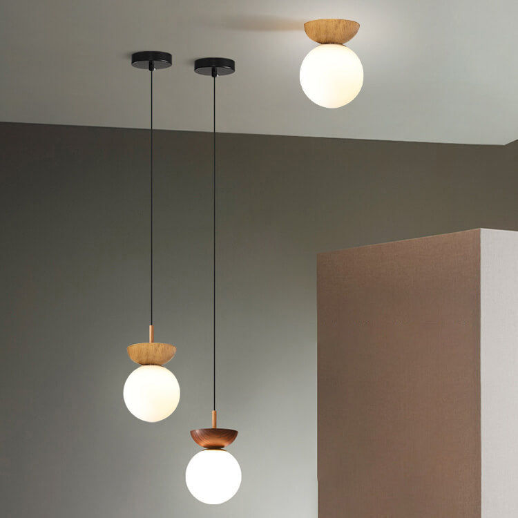 Ceiling Light Fixture with Wooden Accent and Metal Base – Single Globe