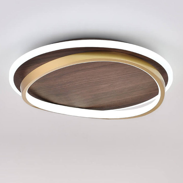 Round Modern Ceiling Light – Walnut Finish with Gold Accents
