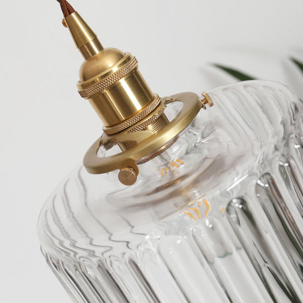 Round Ceiling Pendant Light with Textured Glass and Brass Finish