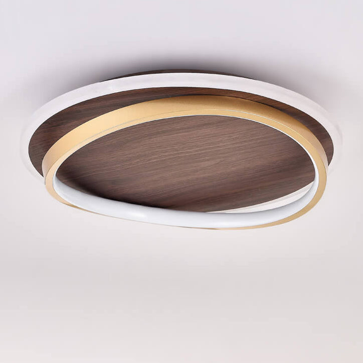 Round Modern Ceiling Light – Walnut Finish with Gold Accents