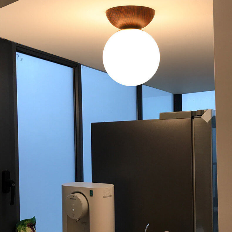 Ceiling Light Fixture with Wooden Accent and Metal Base – Single Globe