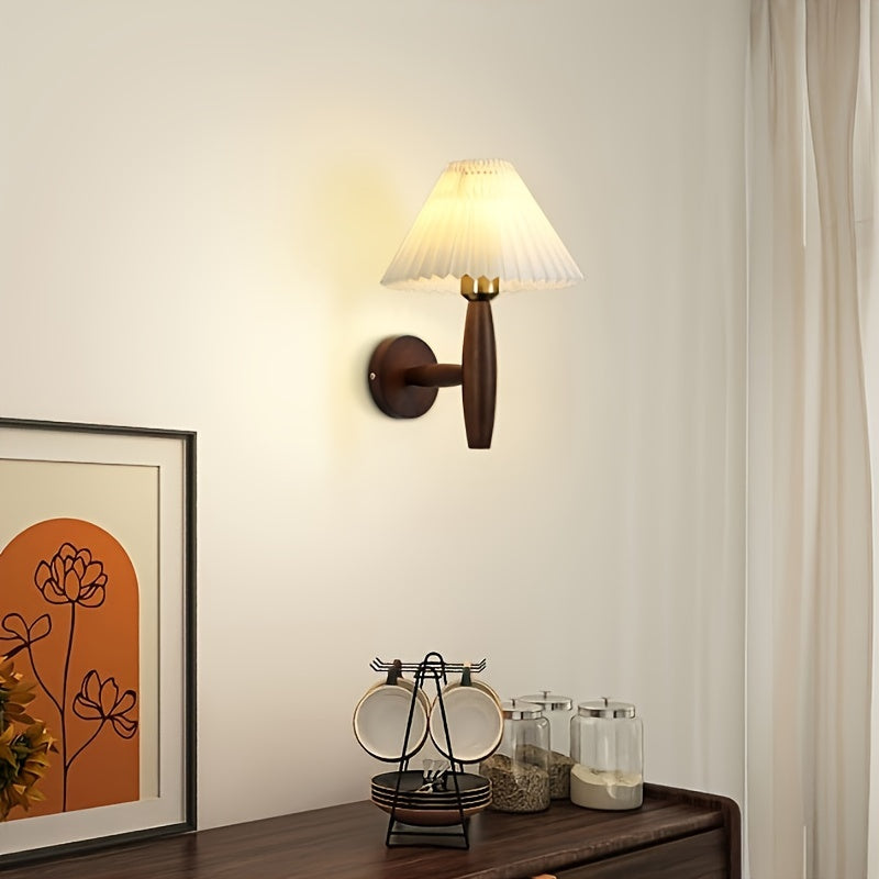 Retro Wall Lamp with Pleated Shade – Wooden Sconce for Bedroom