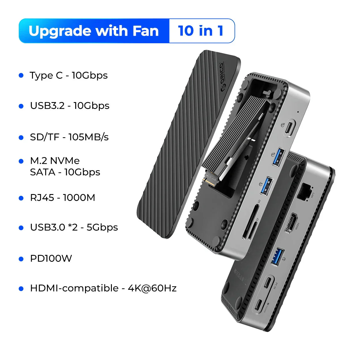 USB-C Docking Station NVMe/SATA SSD Enclosure With Cooling Fan