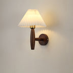 Retro Wall Lamp with Pleated Shade – Wooden Sconce for Bedroom