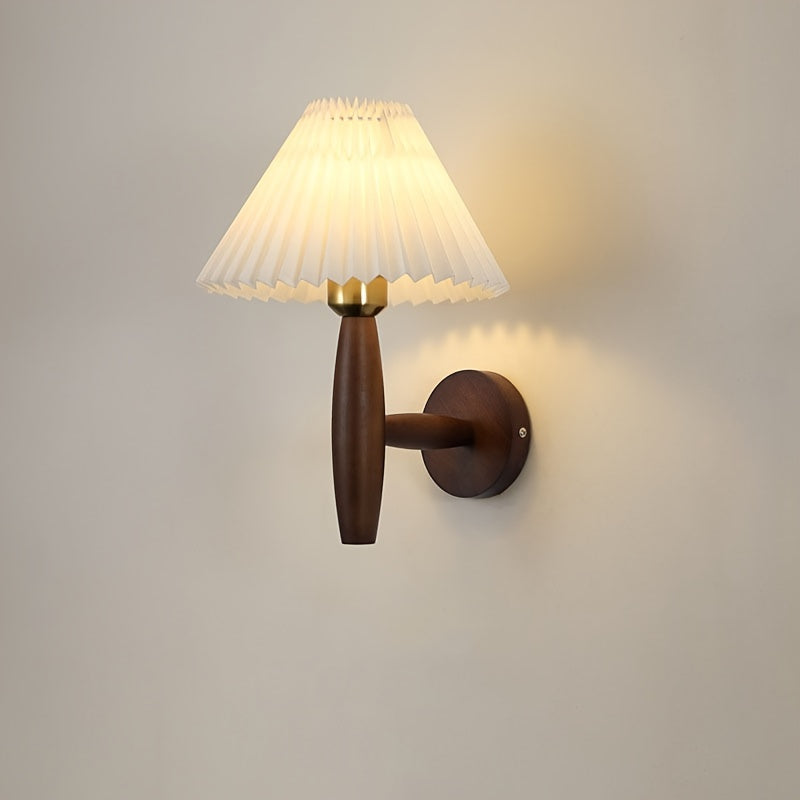 Retro Wall Lamp with Pleated Shade – Wooden Sconce for Bedroom