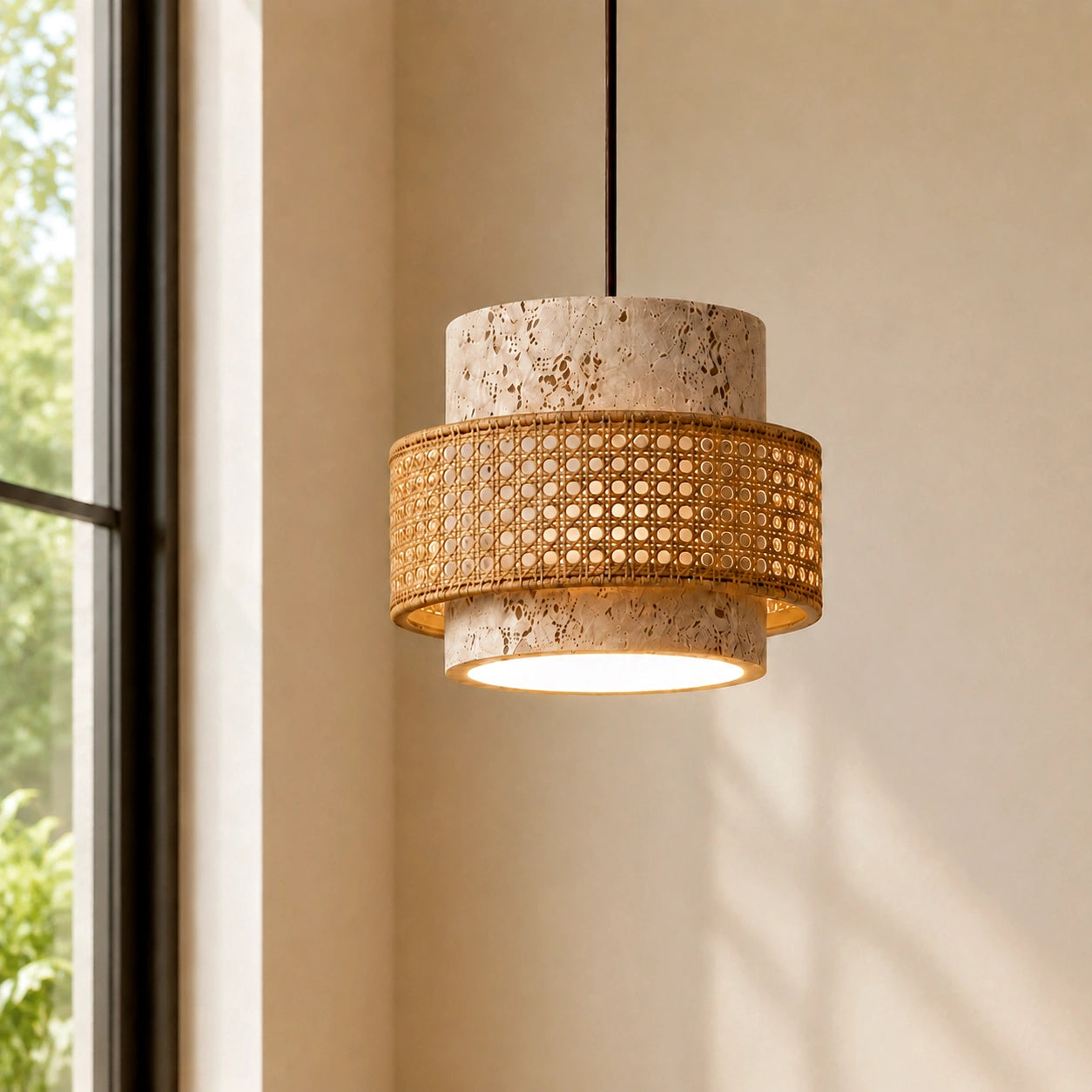 Travertine-Look Cylindrical Pendant Light (E27 Socket)