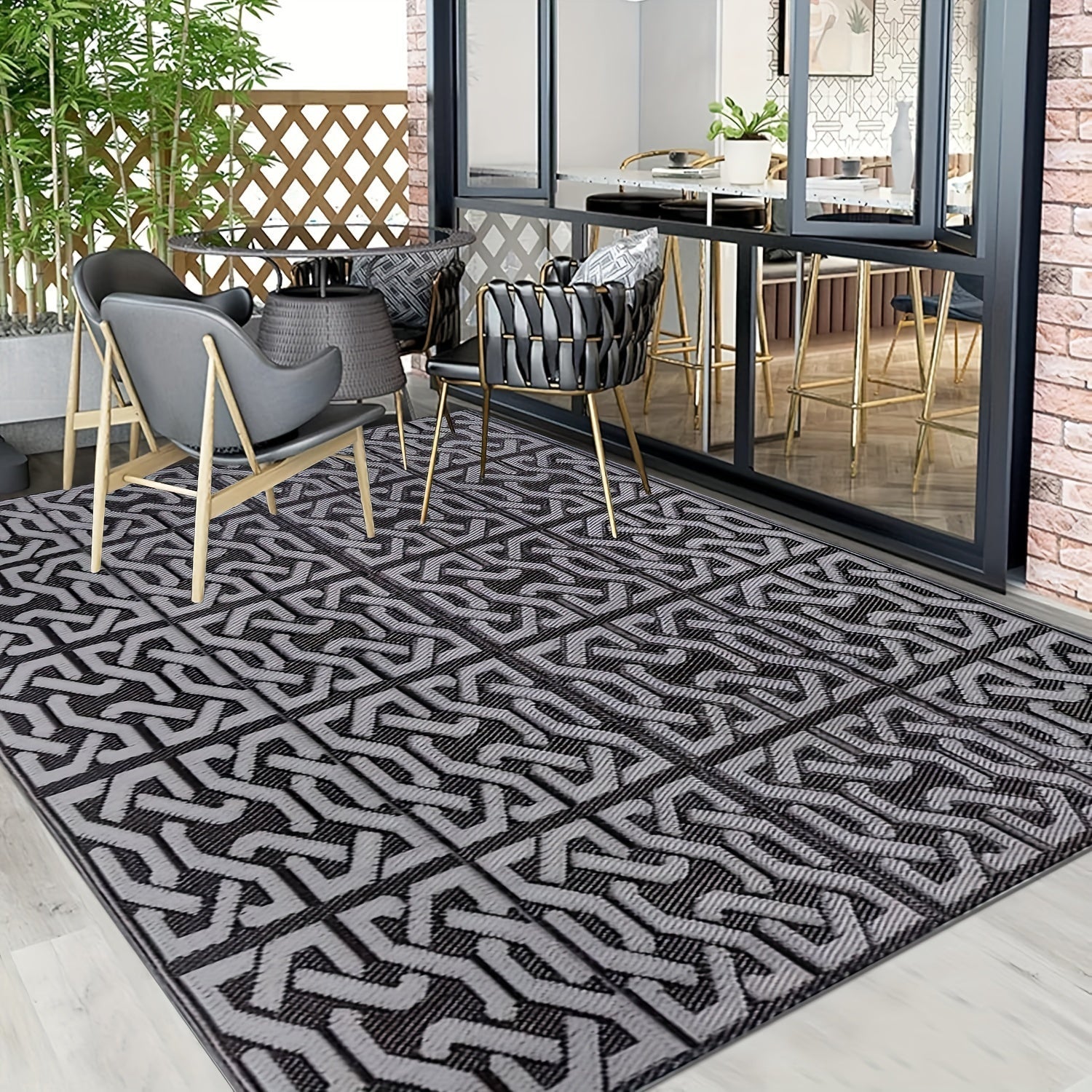 Modern Patio Mat - Reversible Outdoor Rug in Black and Grey