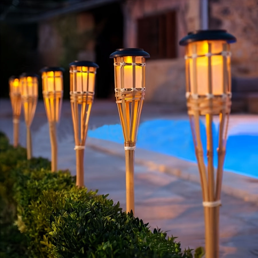 Solar Garden Lanterns - 12-LED Bamboo Flame Lights (Set of 2)