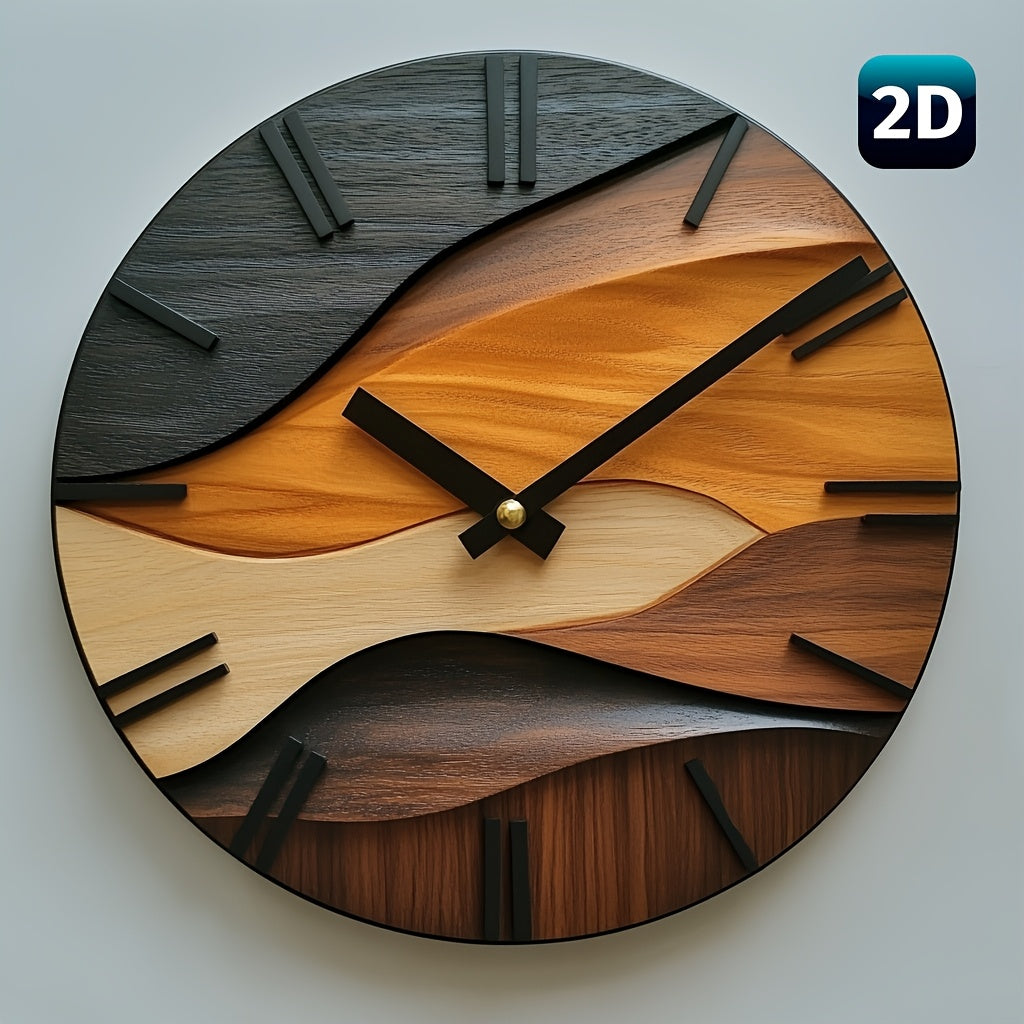 Round Glass Wall Clock with Faux Wood Grain - Nordic Style Decor