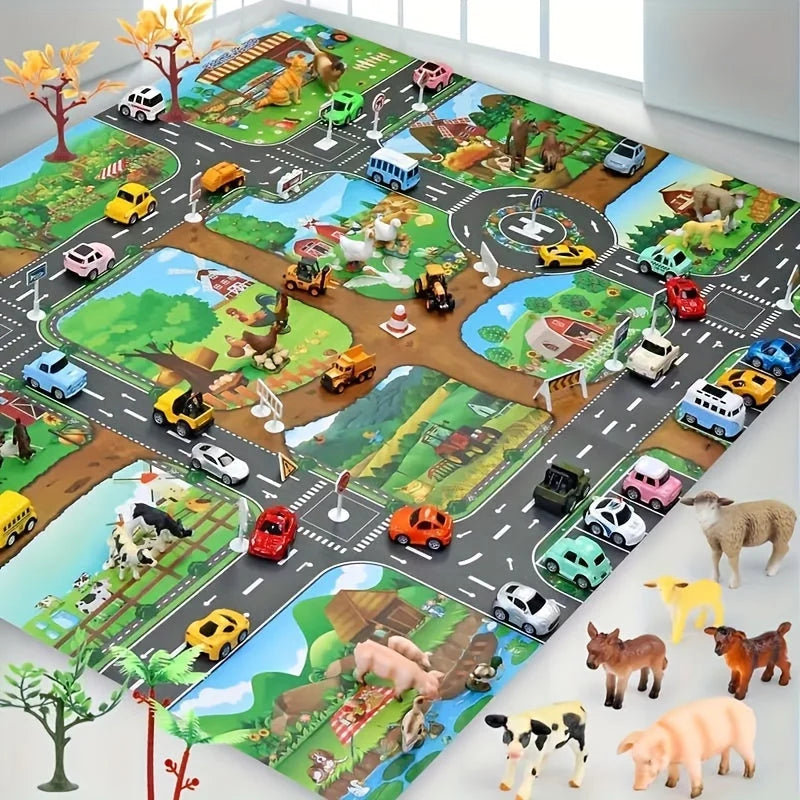Kids Play Mat Reversible Farm & Traffic Machine Washable