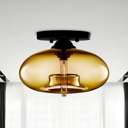 Amber Glass Flush Mount Fixture - Art Deco Style Globe Ceiling Light