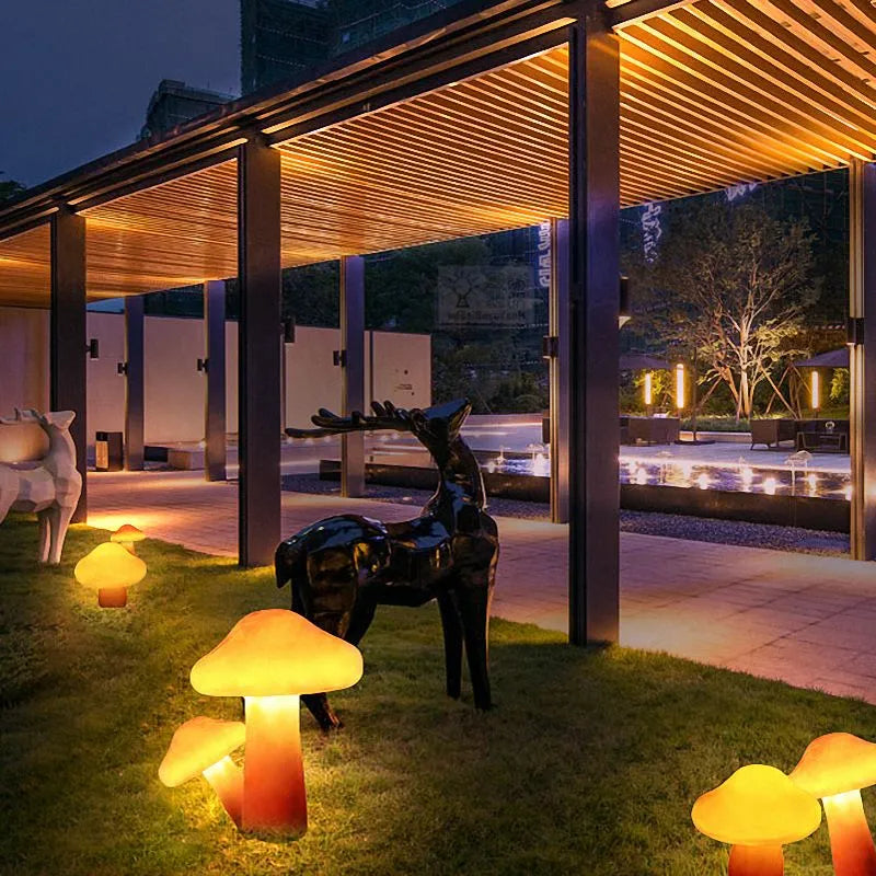 Garden Lamp Set with LED Mushrooms in Orange Resin for Outdoors