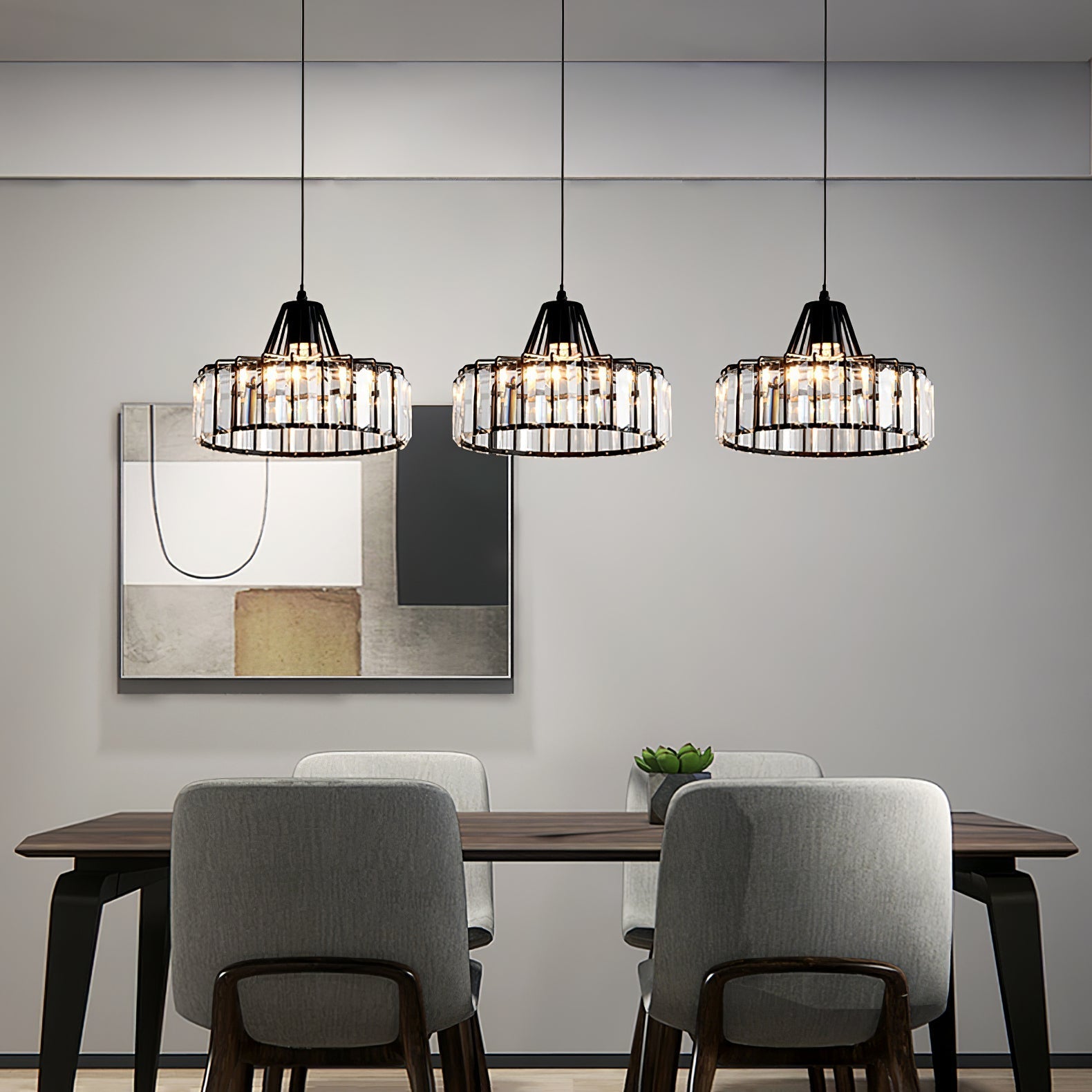 Elegant Hanging Light Fixture with Black Crystal Pendant