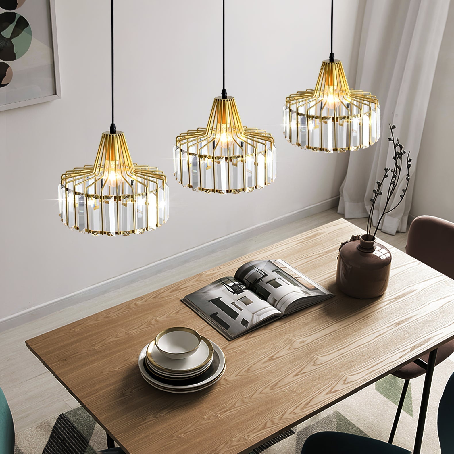 Elegant Hanging Light Fixture with Black Crystal Pendant