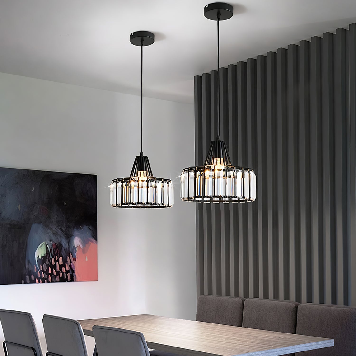 Elegant Hanging Light Fixture with Black Crystal Pendant