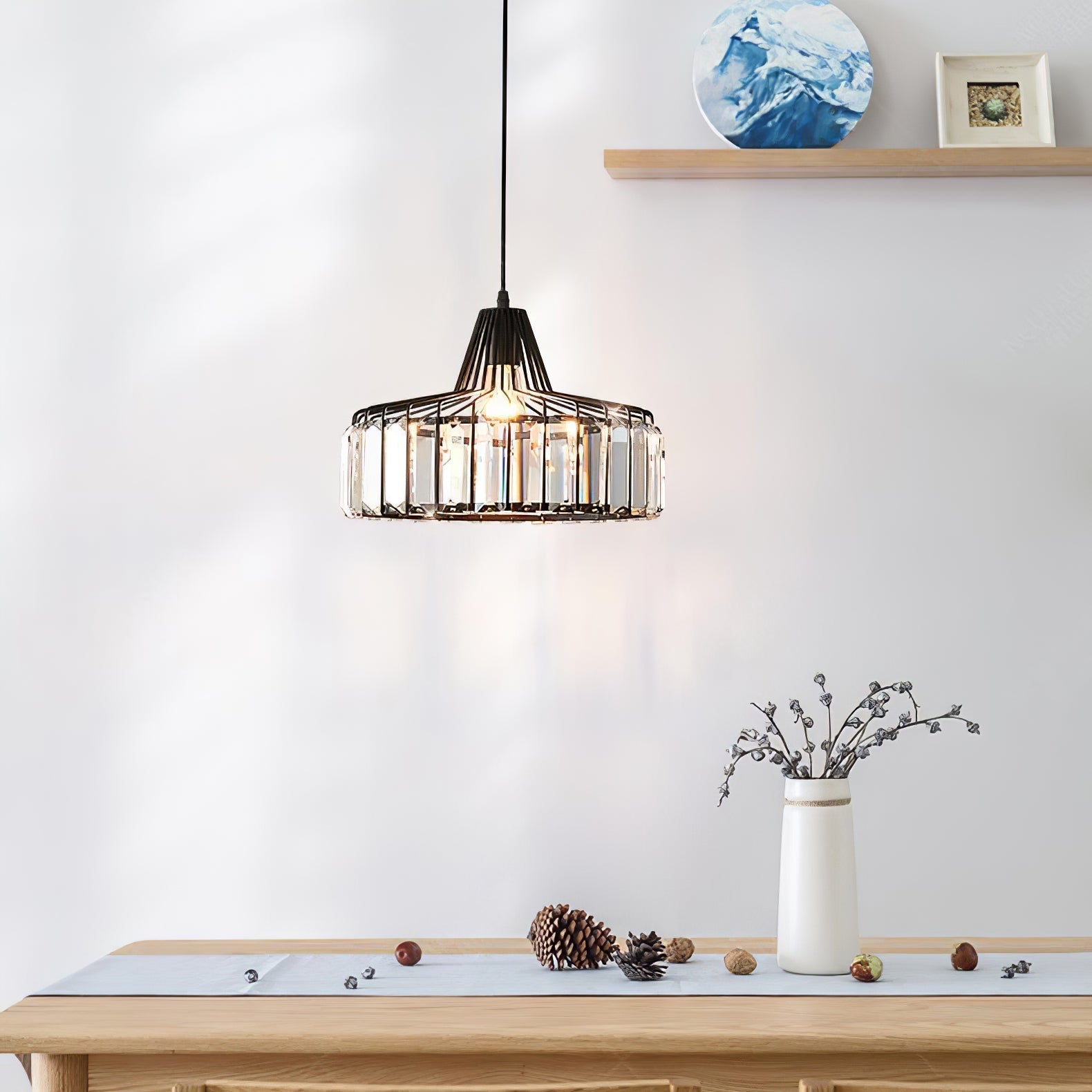 Elegant Hanging Light Fixture with Black Crystal Pendant
