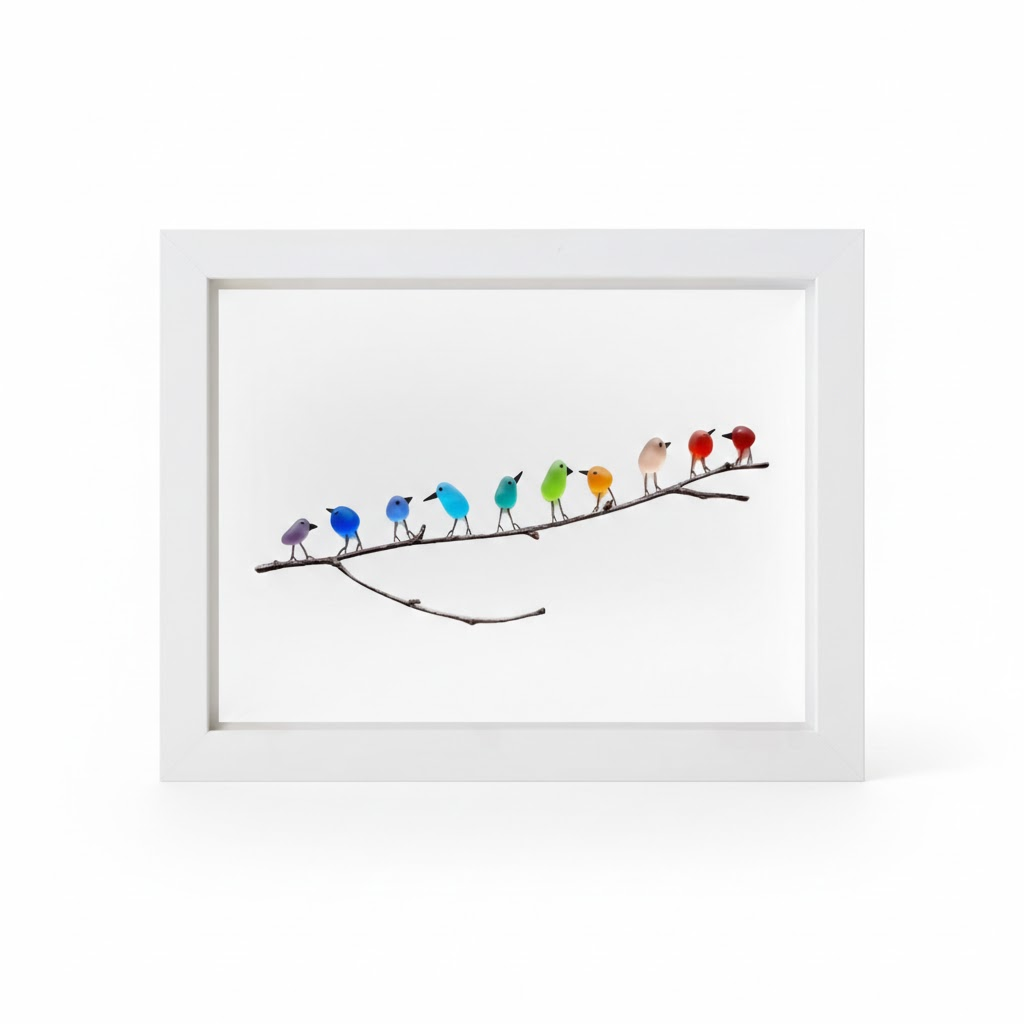 Coastal Display Frame for Wall Art - Sea Glass and Driftwood Bird Design