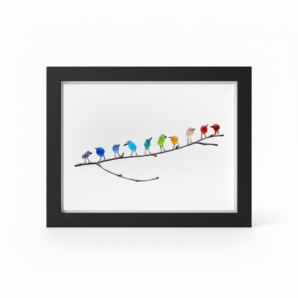 Coastal Display Frame for Wall Art - Sea Glass and Driftwood Bird Design