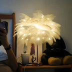 Round Base Table Lamp with Metal Stem and Feather Shade