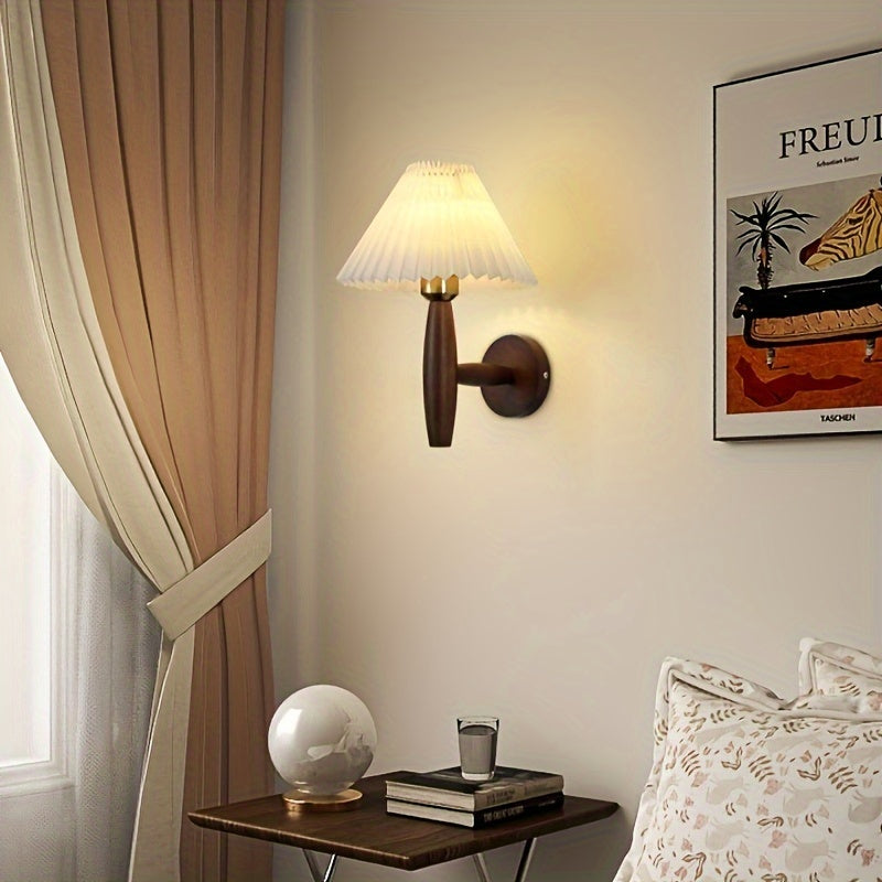 Retro Wall Lamp with Pleated Shade – Wooden Sconce for Bedroom