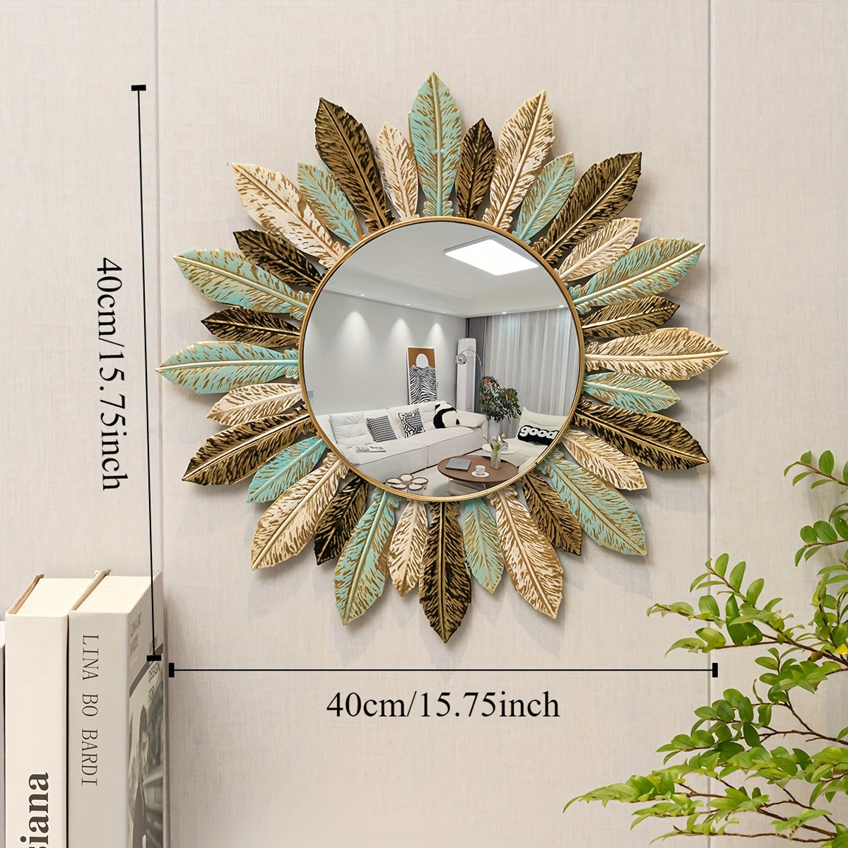 Teal and Gold Leaf Decorative Wall Mirror with Sunburst Design