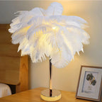 Round Base Table Lamp with Metal Stem and Feather Shade