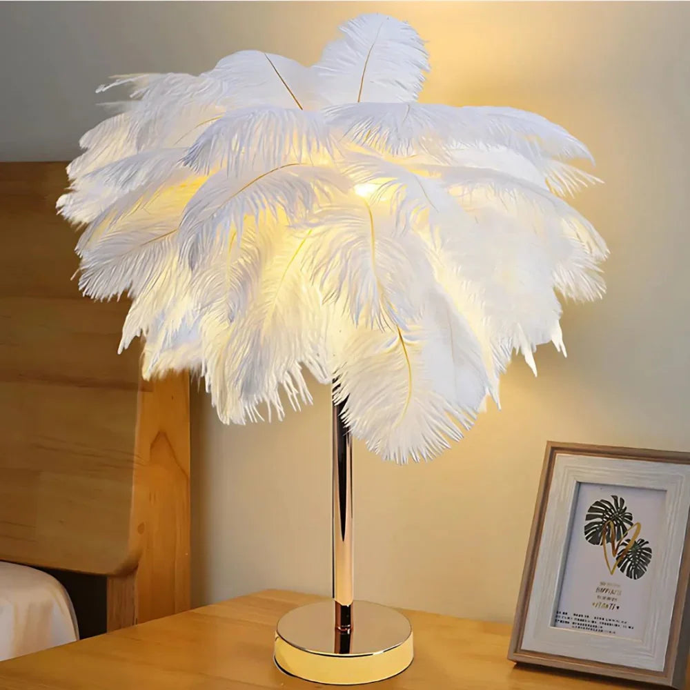 Round Base Table Lamp with Metal Stem and Feather Shade