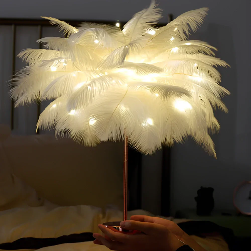 Round Base Table Lamp with Metal Stem and Feather Shade