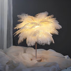 Round Base Table Lamp with Metal Stem and Feather Shade