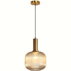 Contemporary Striped Pendant Light Fixture | Ribbed Glass with Brass