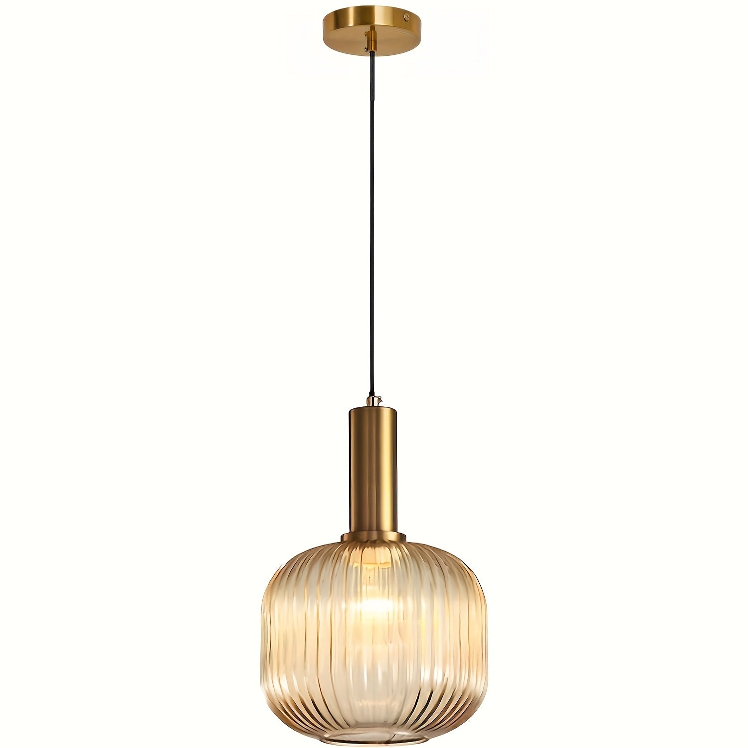 Contemporary Striped Pendant Light Fixture | Ribbed Glass with Brass