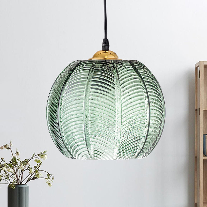 Green Hanging Light with Ribbed Glass Shade - Vintage Pendant Lamp