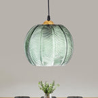 Green Hanging Light with Ribbed Glass Shade - Vintage Pendant Lamp