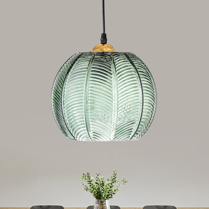 Green Hanging Light with Ribbed Glass Shade - Vintage Pendant Lamp