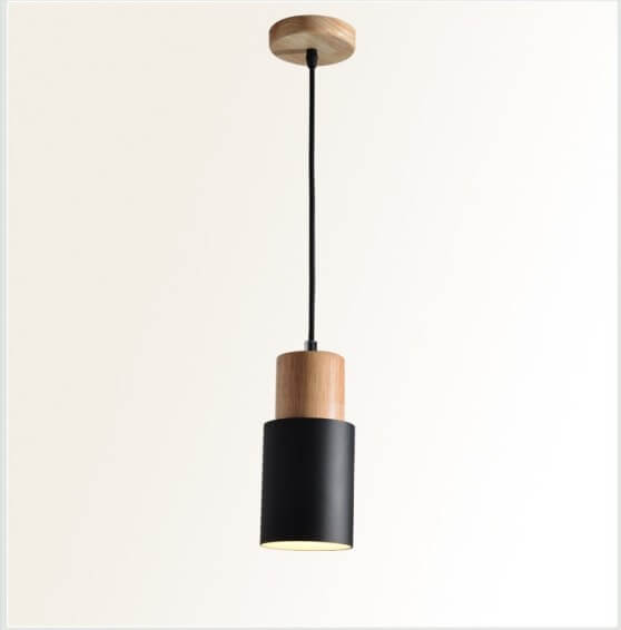 Contemporary Pendant Light with Cylinder Shape in Wood and Metal