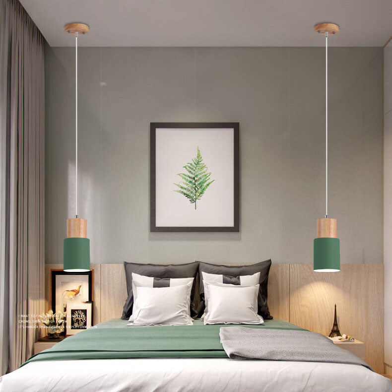 Contemporary Pendant Light with Cylinder Shape in Wood and Metal