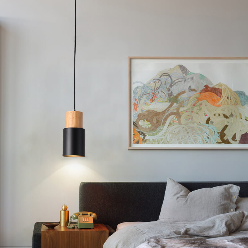 Contemporary Pendant Light with Cylinder Shape in Wood and Metal