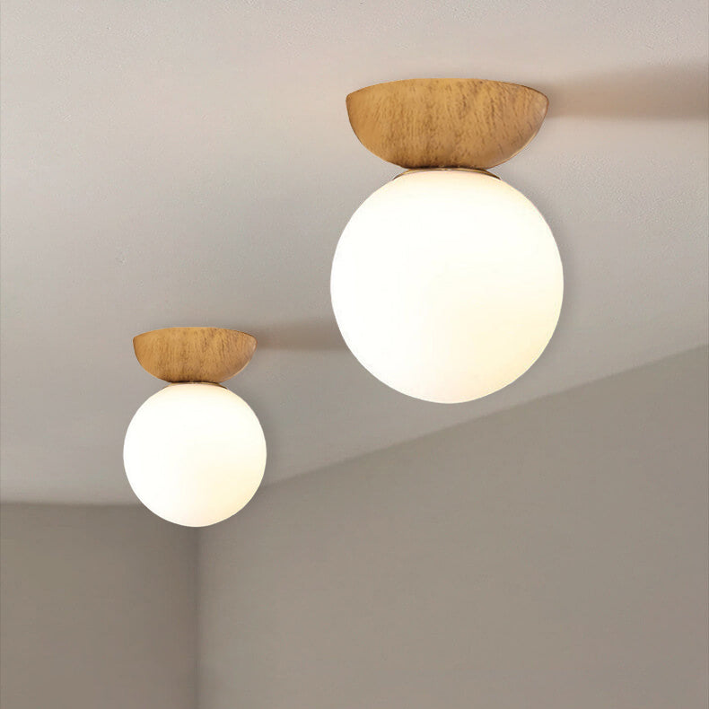 Ceiling Light Fixture with Wooden Accent and Metal Base – Single Globe